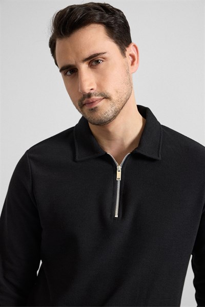 Siyah Regular Düz Yarım Balıkçı Yaka Sweatshirt