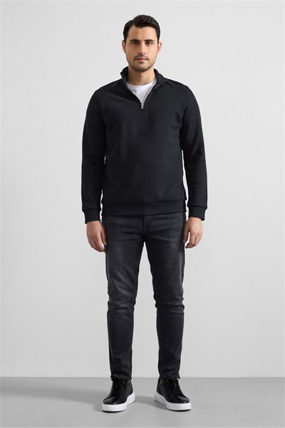 Siyah Regular Düz Yarım Balıkçı Yaka Sweatshirt