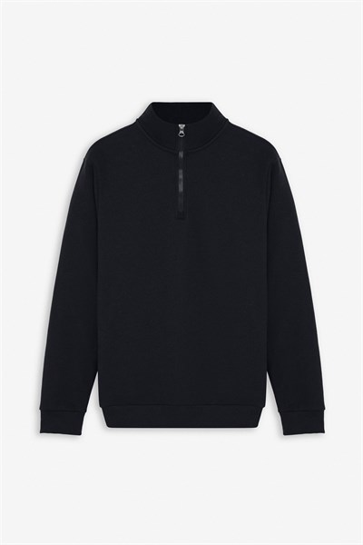 Siyah Regular Düz Yarım Balıkçı Yaka Sweatshirt