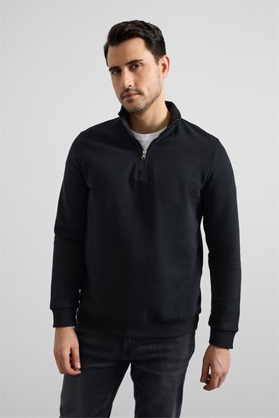 Siyah Regular Düz Yarım Balıkçı Yaka Sweatshirt