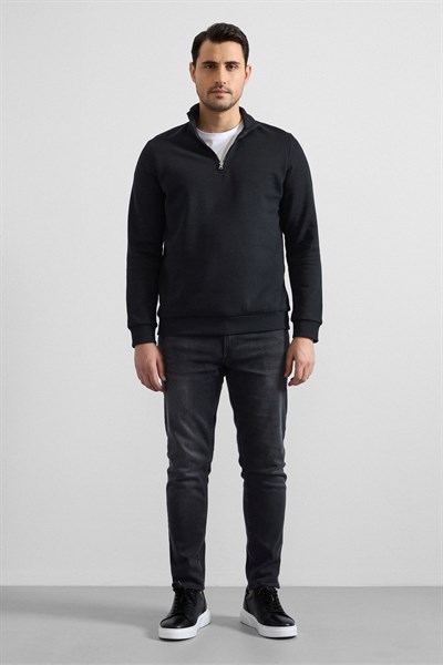 Siyah Regular Düz Yarım Balıkçı Yaka Sweatshirt