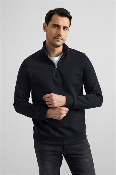 Siyah Regular Düz Yarım Balıkçı Yaka Sweatshirt