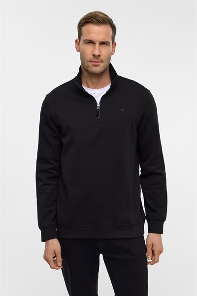 Siyah Regular Düz Yarım Balıkçı Yaka Sweatshirt