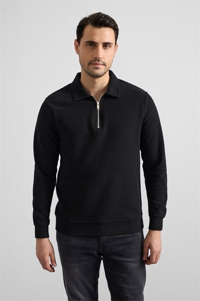 Siyah Regular Düz Yarım Balıkçı Yaka Sweatshirt