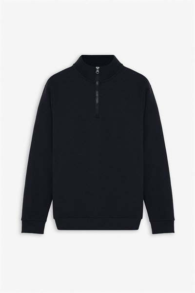 Siyah Regular Düz Yarım Balıkçı Yaka Sweatshirt