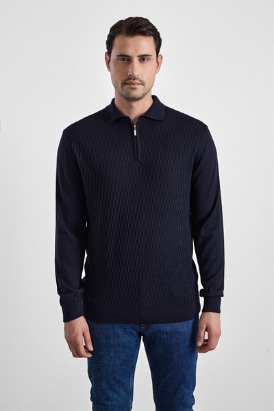 Siyah Regular Fermuarlı Polo Yaka Kazak