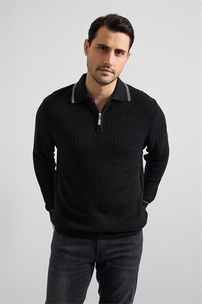 Siyah Regular Fermuarlı Polo Yaka Kazak
