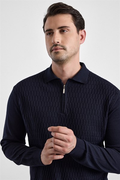 Siyah Regular Fermuarlı Polo Yaka Kazak