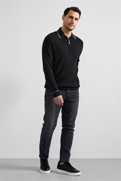 Siyah Regular Fermuarlı Polo Yaka Kazak