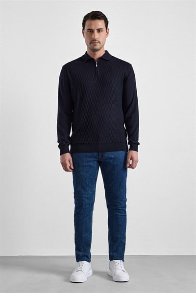 Siyah Regular Fermuarlı Polo Yaka Kazak