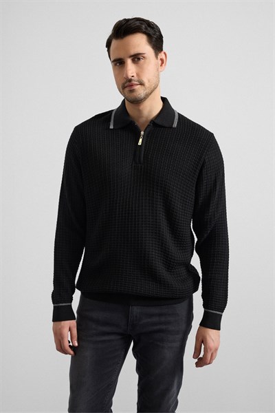 Siyah Regular Fermuarlı Polo Yaka Kazak