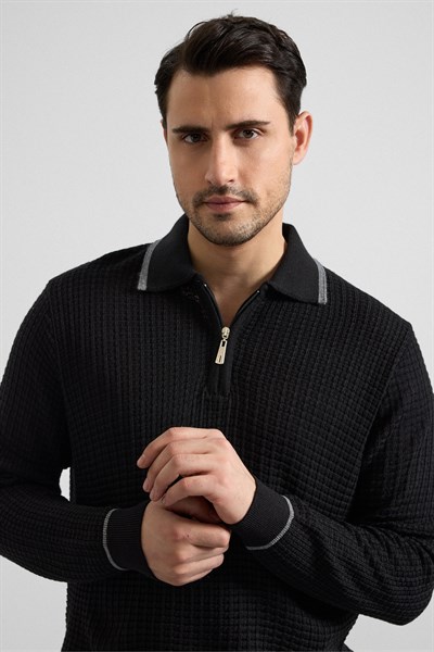 Siyah Regular Fermuarlı Polo Yaka Kazak