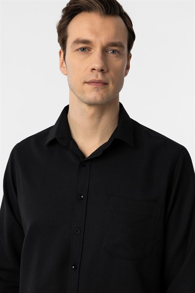 Siyah Regular Fit Armürlü Klasik Yaka Gömlek