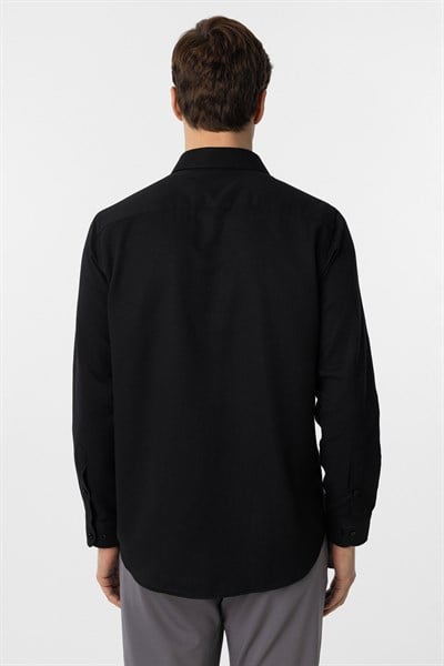 Siyah Regular Fit Armürlü Klasik Yaka Gömlek