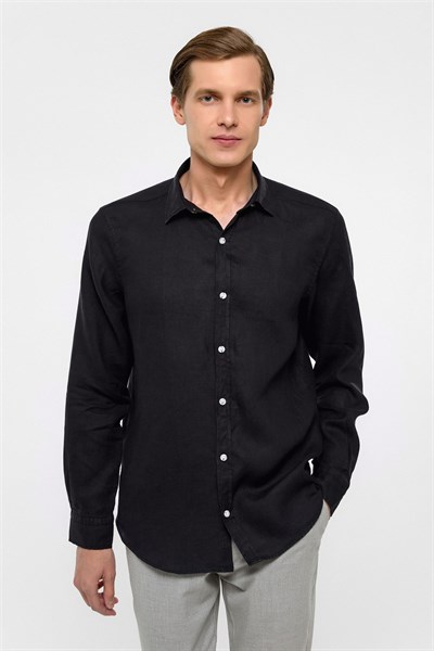 Siyah Regular Fit Düz Klasik Yaka Gömlek