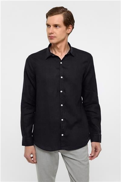 Siyah Regular Fit Düz Klasik Yaka Gömlek