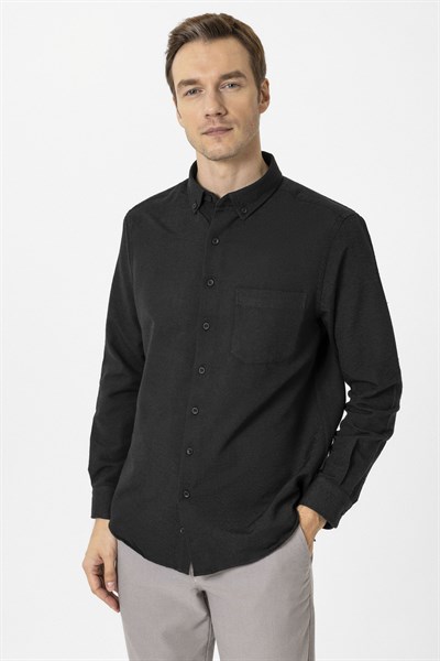Siyah Regular Fit Kareli Düğmeli Yaka Gömlek