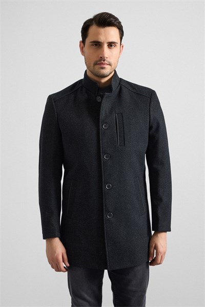 Siyah Regular Hakim Yaka Düz Yan Cepli Düğmeli Dolgusuz Standart Kaban