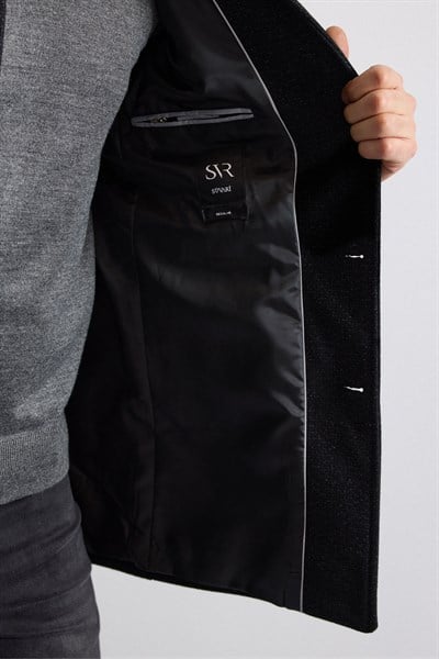 Siyah Regular Hakim Yaka Düz Yan Cepli Düğmeli Dolgusuz Standart Kaban