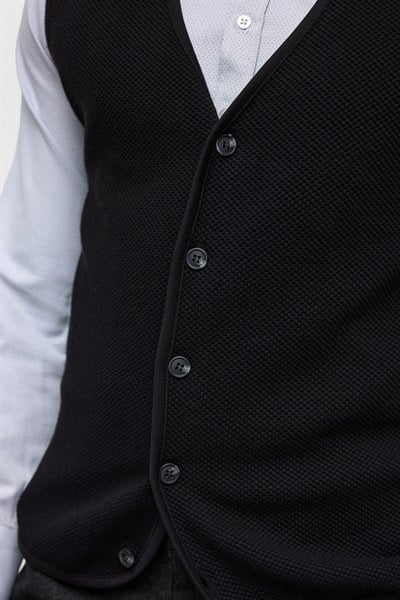Siyah Regular Kapitone V Yaka Örme Yelek