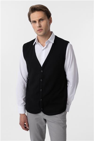 Siyah Regular Kapitone V Yaka Yelek