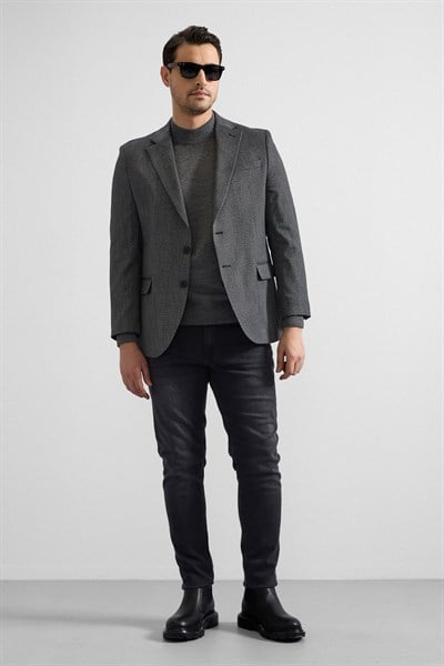 Siyah Regular Mono Yaka Torba Cep 4 Drop Klasik Ceket