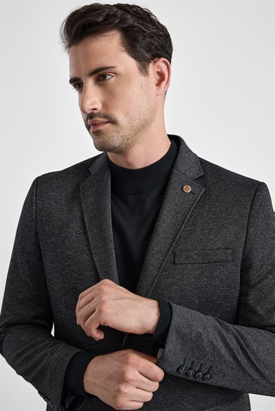 Siyah Regular Mono Yaka Torba Cep 4 Drop Klasik Ceket