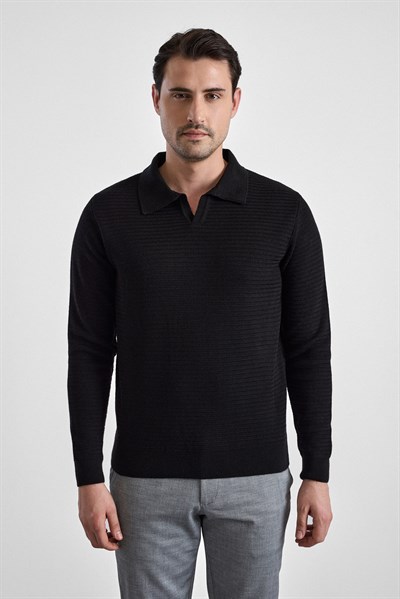 Siyah Regular Polo Yaka Kazak