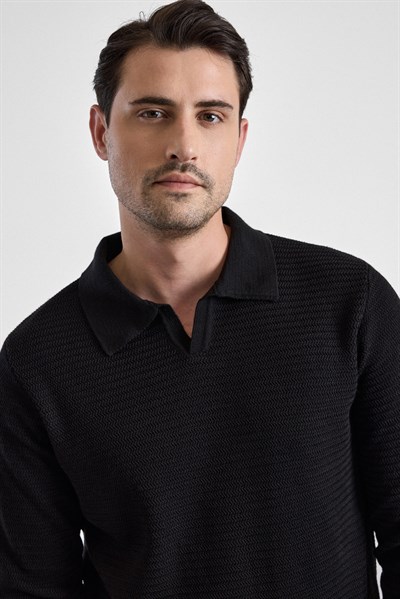 Siyah Regular Polo Yaka Kazak