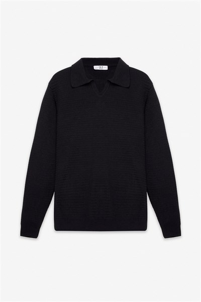 Siyah Regular Polo Yaka Kazak