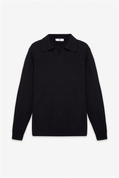 Siyah Regular Polo Yaka Kazak