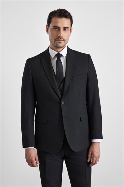 Siyah Regular Sivri Yaka 4 Drop Yelekli Takım Elbise