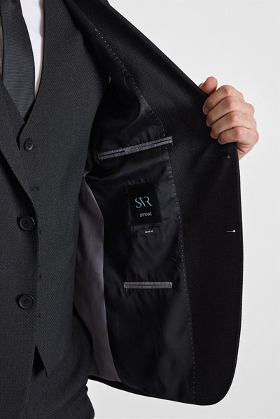 Siyah Regular Sivri Yaka 4 Drop Yelekli Takım Elbise