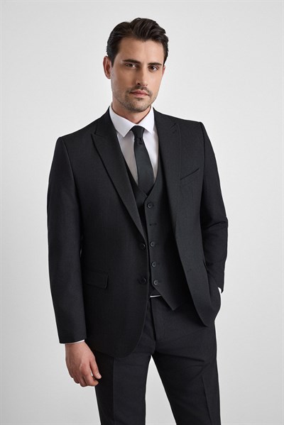 Siyah Regular Sivri Yaka 4 Drop Yelekli Takım Elbise