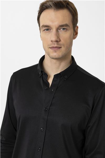Siyah Slim Fit Armürlü Düğmeli Yaka Gömlek