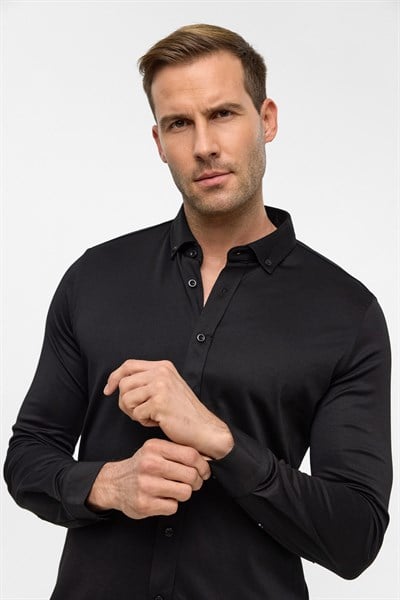 Siyah Slim Armürlü Düğmeli Yaka Gömlek