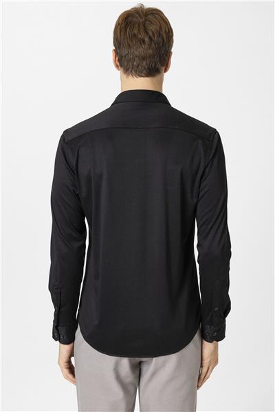 Siyah Slim Fit Armürlü Düğmeli Yaka Gömlek