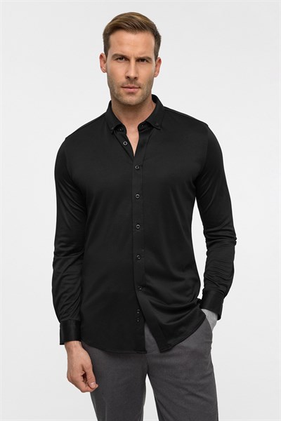 Siyah Slim Armürlü Düğmeli Yaka Gömlek