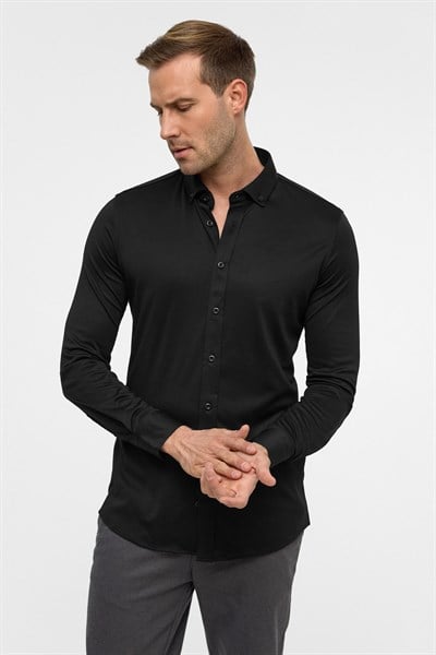Siyah Slim Armürlü Düğmeli Yaka Gömlek