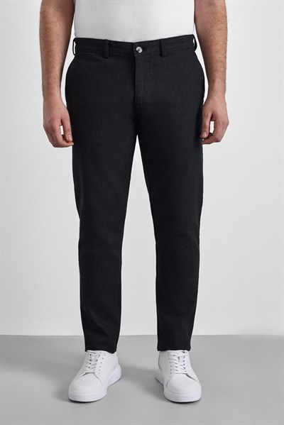 Siyah Slim Armürlü Kanvas Casual Pantolon