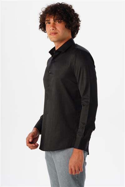 Siyah Slim Fit Armürlü Klasik Yaka Gömlek