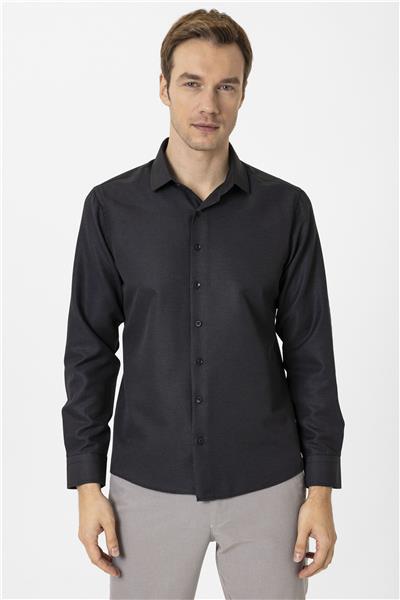 Siyah Slim Fit Armürlü Klasik Yaka Gömlek