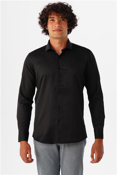 Siyah Slim Fit Armürlü Klasik Yaka Gömlek