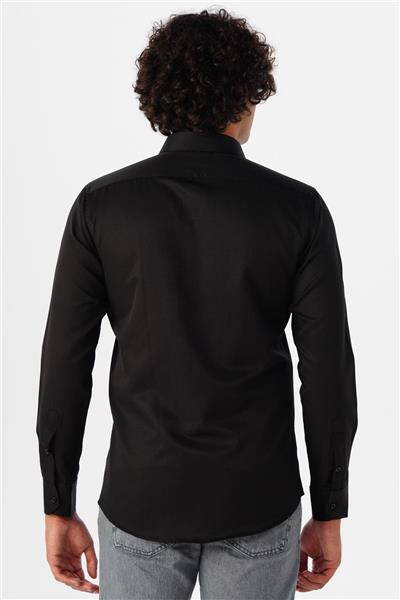 Siyah Slim Fit Armürlü Klasik Yaka Gömlek