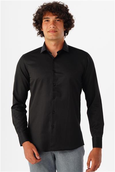 Siyah Slim Fit Armürlü Klasik Yaka Gömlek