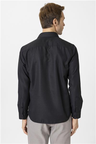 Siyah Slim Fit Armürlü Klasik Yaka Gömlek