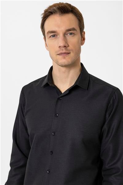 Siyah Slim Fit Armürlü Klasik Yaka Gömlek