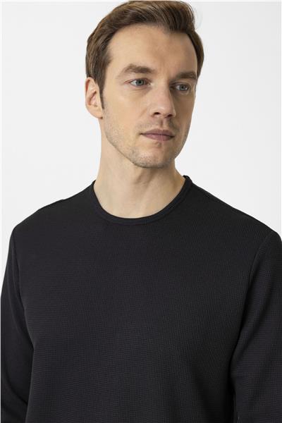 Siyah Slim Fit Armürlü Bisiklet Yaka Sweatshirt