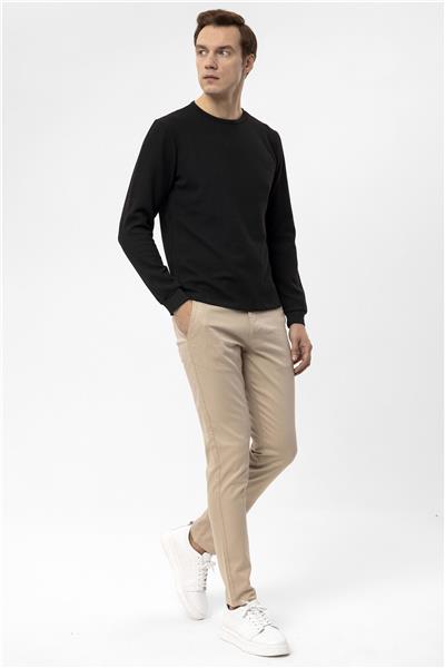 Siyah Slim Fit Armürlü Bisiklet Yaka Sweatshirt