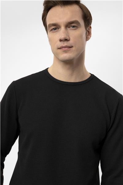 Siyah Slim Fit Armürlü Bisiklet Yaka Sweatshirt